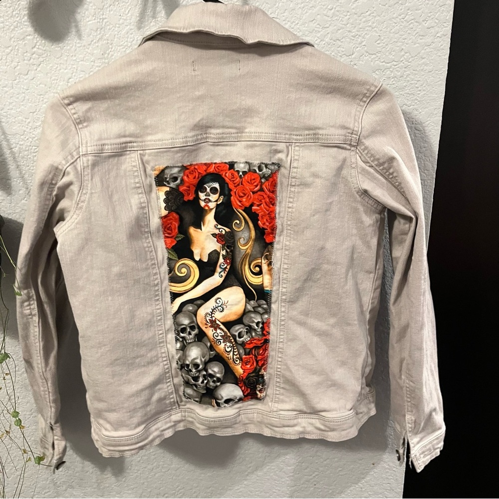 Sexy sugar skull appliquéstitched on back of Denim Light grey Jean Jacket (s)